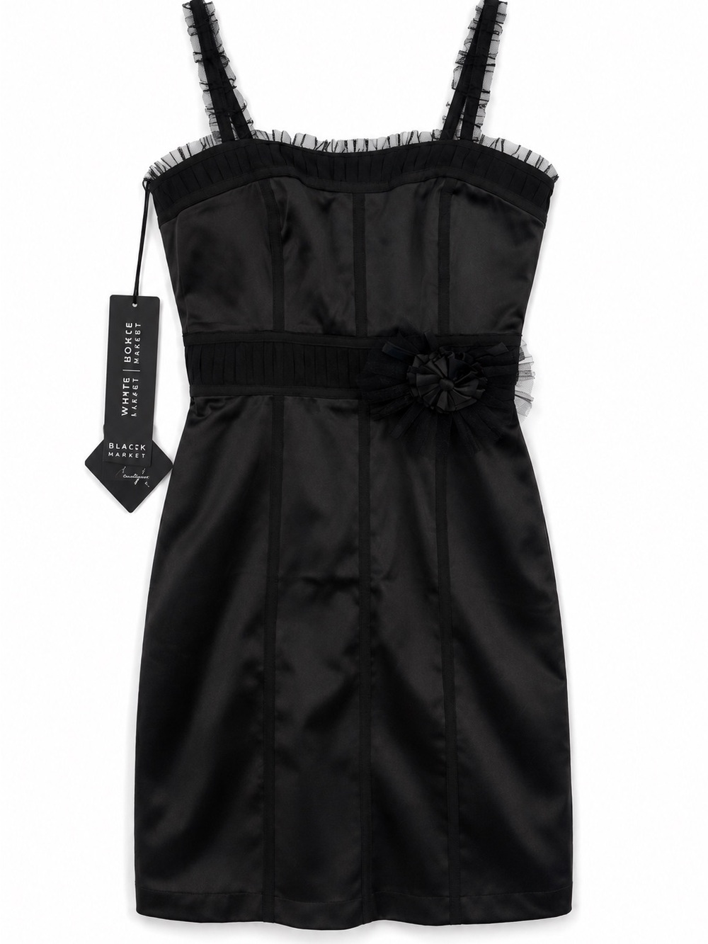 NWT White House Black Market Black Satin Rosette Cocktail Dress 00 $168